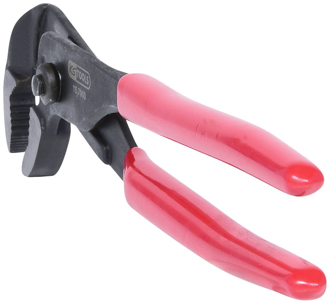 Zange mit roten Griffen auf weißem Hintergrund.