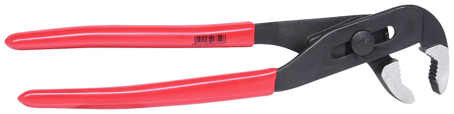 Eine rote Wasserpumpenzange mit schwarzem Kopf, geeignet zum Greifen und Drehen von Rohren und Muttern.