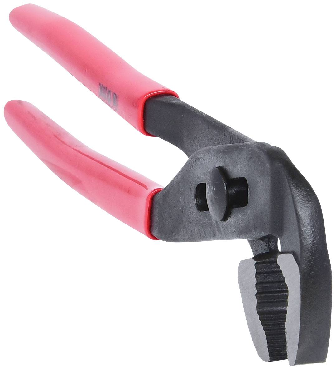 Eine schwarze Zange mit roten Griffen, geöffnet und von der Seite betrachtet, vor einem weißen Hintergrund.