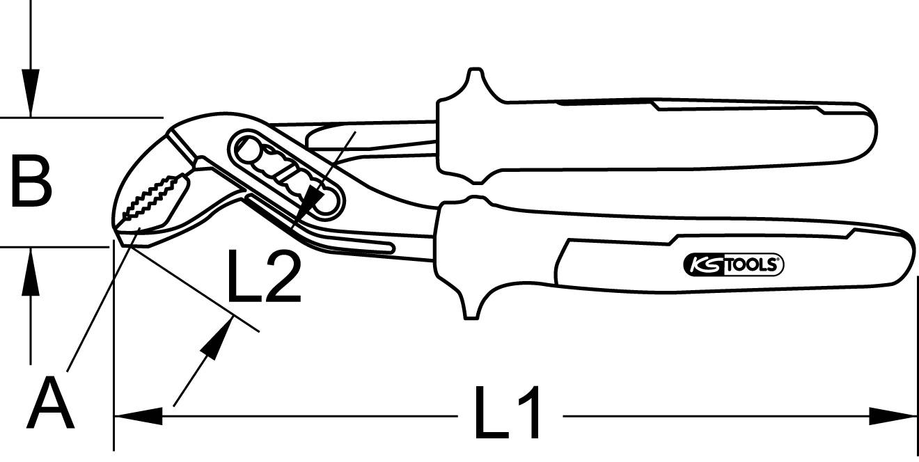 Technische Zeichnung einer Wasserpumpenzange mit Griffen und verstellbarem Maul. Maße A, B, L1, L2 sind zur Veranschaulichung angegeben.