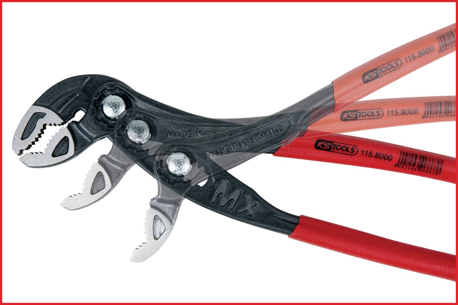 Eine schwarze Wasserpumpenzange mit rotem Griff, passend für Rohre und Verschraubungen. Geeignet für Klempnerarbeiten.