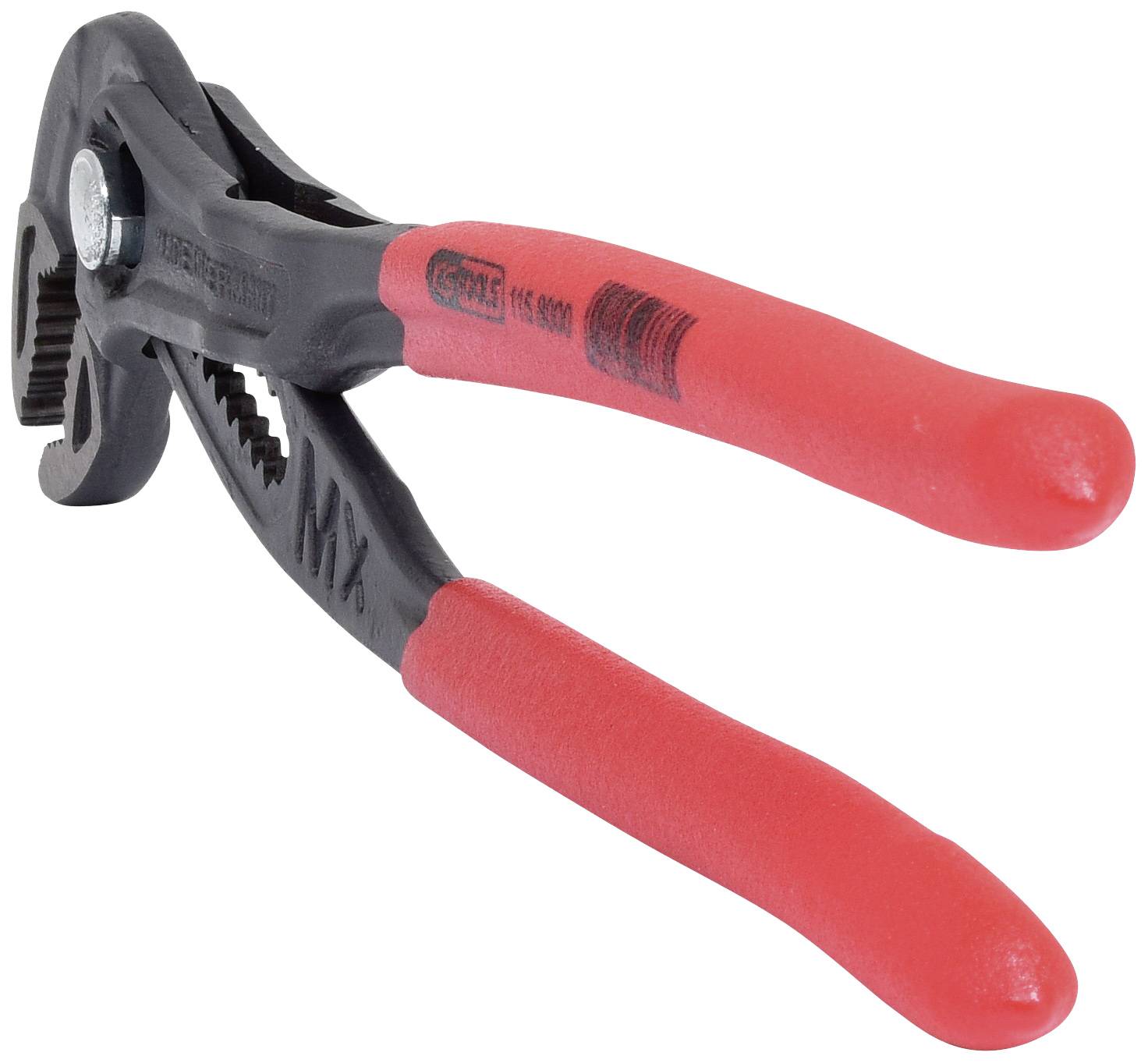 Eine rote Wasserpumpenzange mit schwarzen Griffen, die zum Greifen und Drehen von Rohren und Muttern verwendet wird.