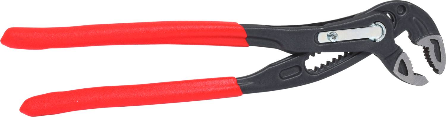 Rote Wasserpumpenzange mit verstellbarem Griff und gezackten Backen, geeignet für Sanitärarbeiten und Rohrverbindungen.