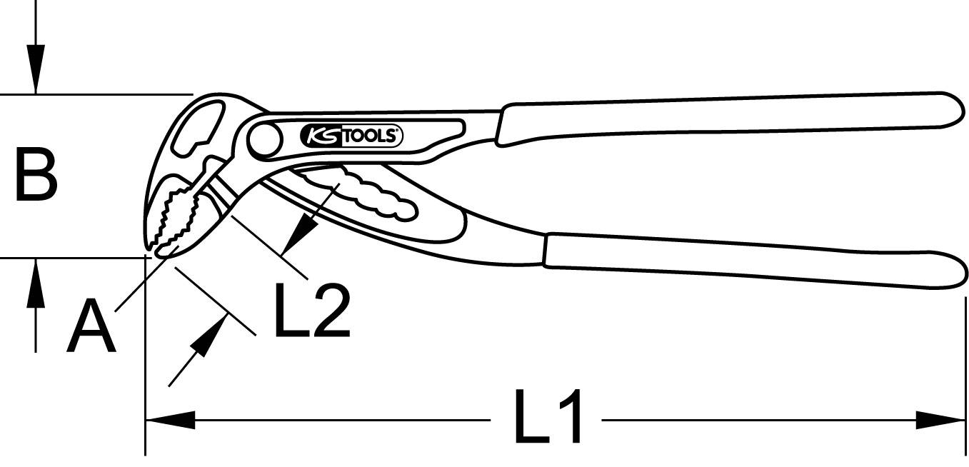 Wasserpumpenzange mit den Maßen A, B, L1 und L2. Die Zange hat einen verstellbaren Durchmesser und ist von KS Tools.