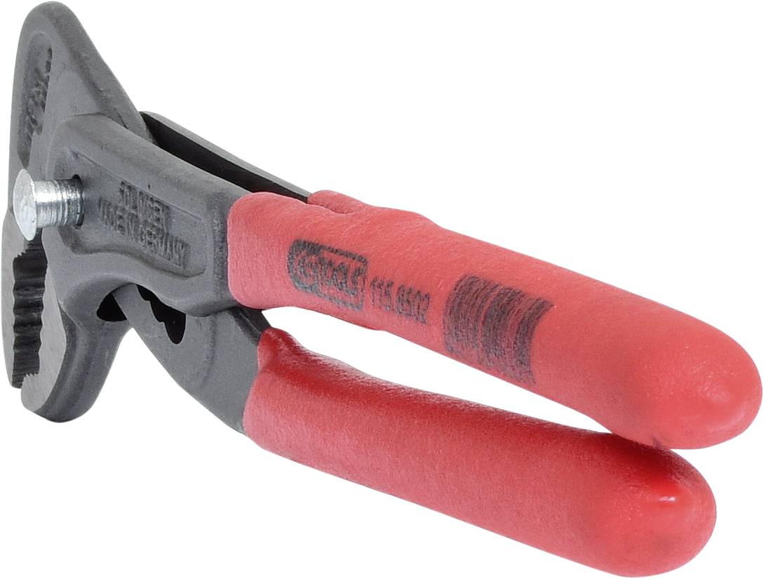 Rote Wasserpumpenzange mit schwarzem Metallkopf; Griff für komfortable Handhabung. Werkzeug zum Greifen und Drehen von Rohren.