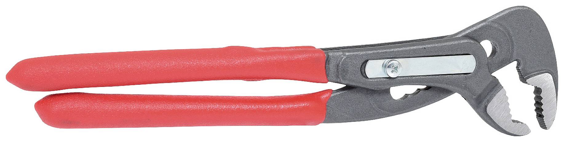 Eine rote Wasserpumpenzange auf weißem Hintergrund, geöffnet und zur Seite liegend.