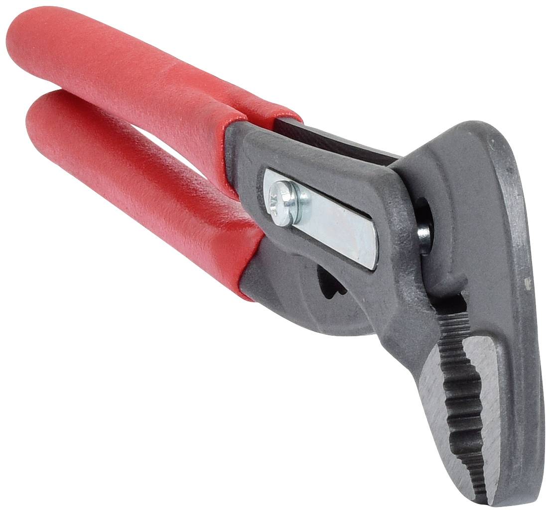 Eine graue Rohrzange mit roten Griffen, geöffnet. Sie ist auf eine weiße Oberfläche gelegt und bereit zur Verwendung in Installationsarbeiten.