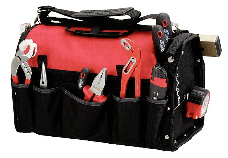 Ein Werkzeugkoffer mit offenem Fach zeigt verschiedene Handwerkzeuge wie Zangen, Schraubenzieher und Maßband.