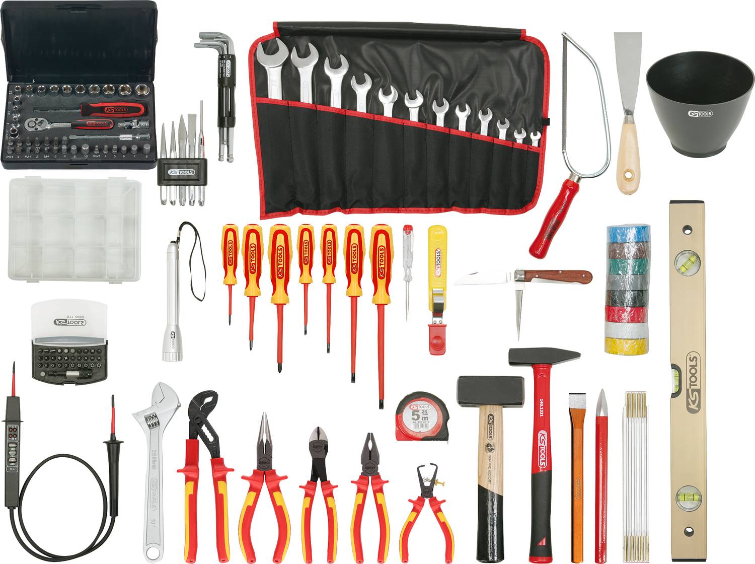 Eine Sammlung von Werkzeugen, darunter Schraubendreher, Zangen, Schraubenschlüssel und ein Hammer, arrangiert auf einer Oberfläche.