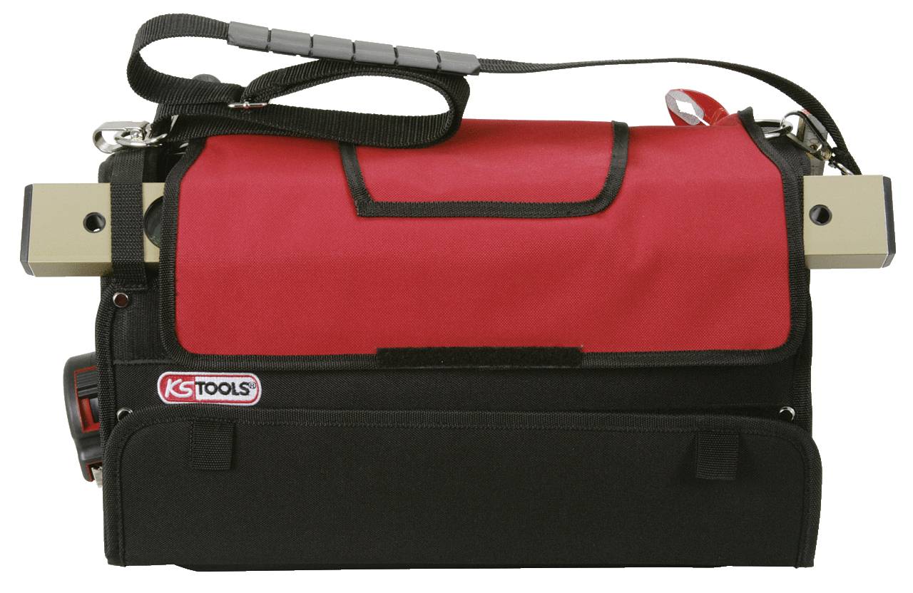 Schwarze und rote Werkzeugtasche mit Trageriemen und mehreren Fächern, geeignet zur Aufbewahrung von Werkzeugen und Zubehör.