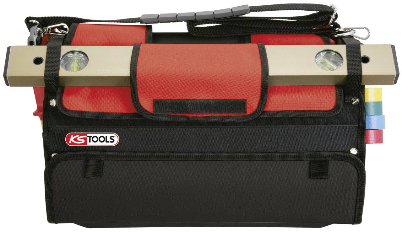 Eine rote und schwarze Werkzeugtasche mit einem Wasserwaagen und kleinen Schraubenschlüsselaufsätzen an der Seite.