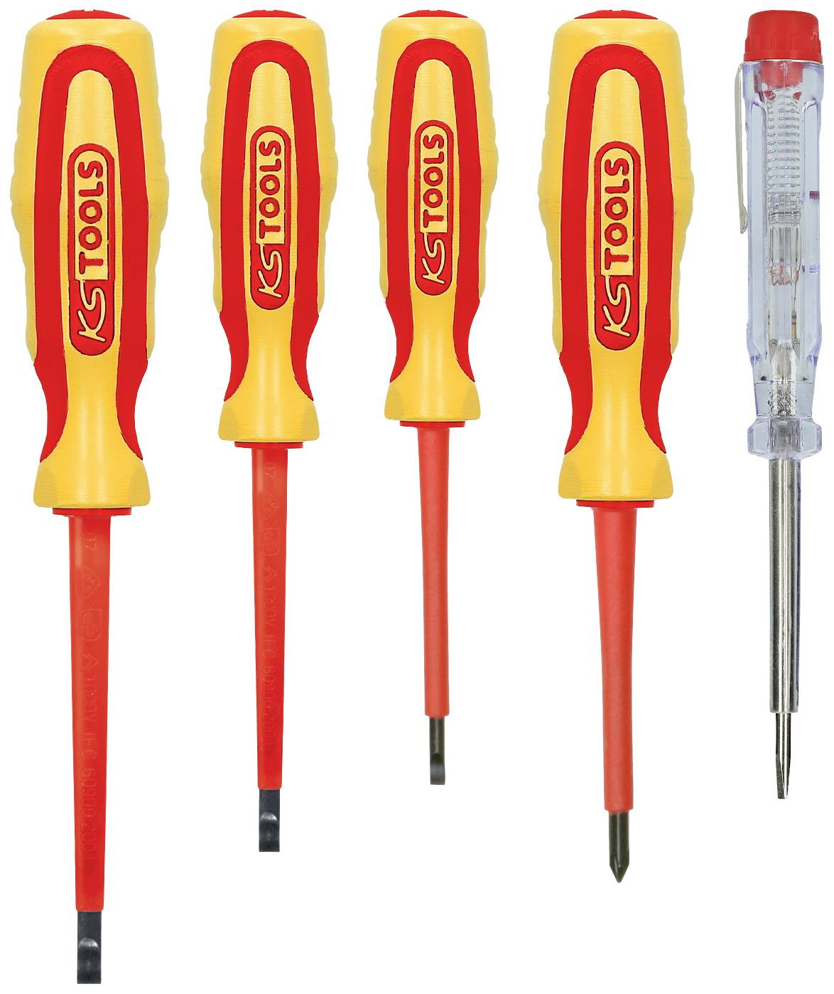 Vier Schraubendreher mit rotem und gelbem Griff und ein Phasenprüfer; Markenaufschrift 'KS Tools'.