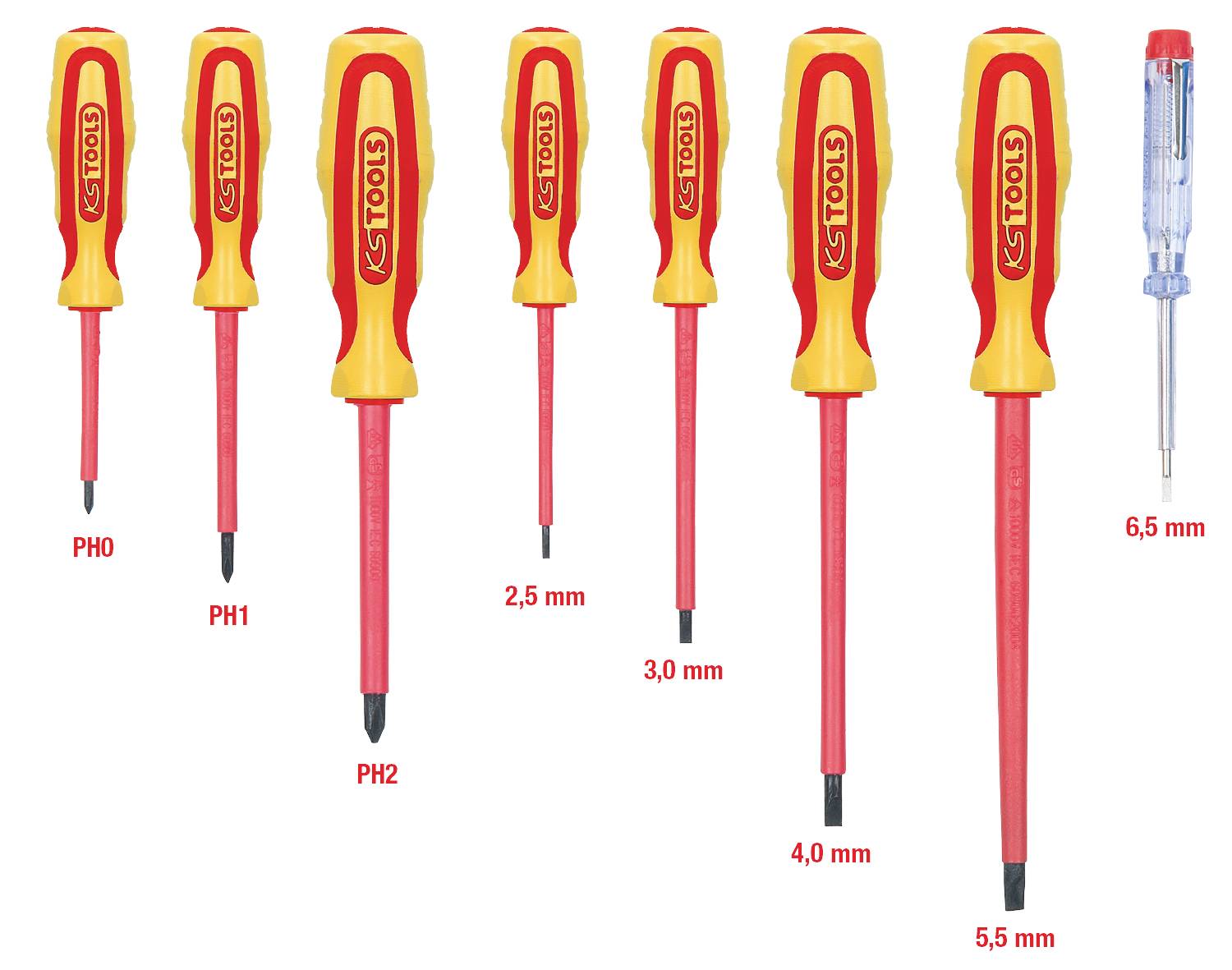 Set aus acht Schraubendrehern, sieben rot-gelb isoliert, einer blau. Größen in PH0, PH1, PH2, 2,5 mm, 3,0 mm, 4,0 mm, 5,5 mm und 6,5 mm.