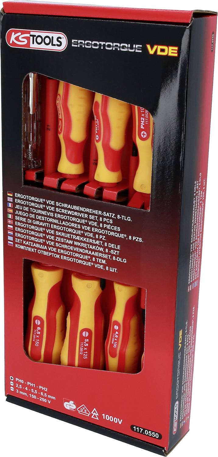 Verpackung eines 8-teiligen KS Tools VDE Schraubendreher-Sets. Zeigt die Werkzeuge in ihren Fächern, mit gelb-rotem Griffdesign.