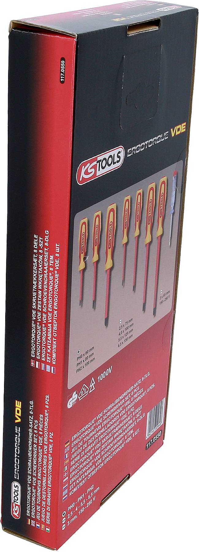 Verpackung mit Bild von sieben isolierten Schraubendrehern. Marke 'KS Tools', beschriftet mit technischen Details und Anwendungsbereich.