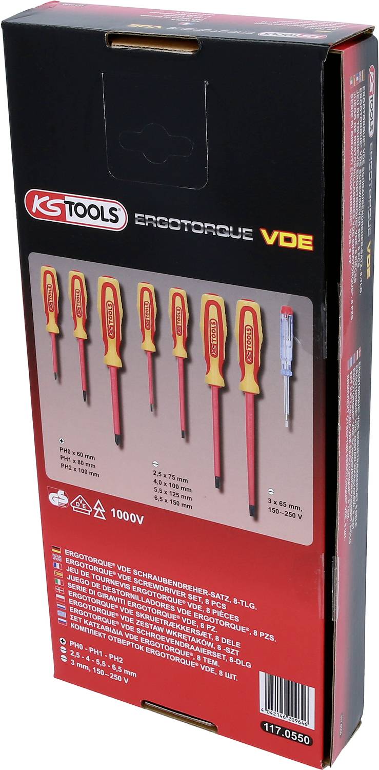 Packung von isolierten VDE-Schraubendrehern mit rotem und gelbem Griff, geeignet für Arbeiten bis 1000V, 6-teiliges Set.