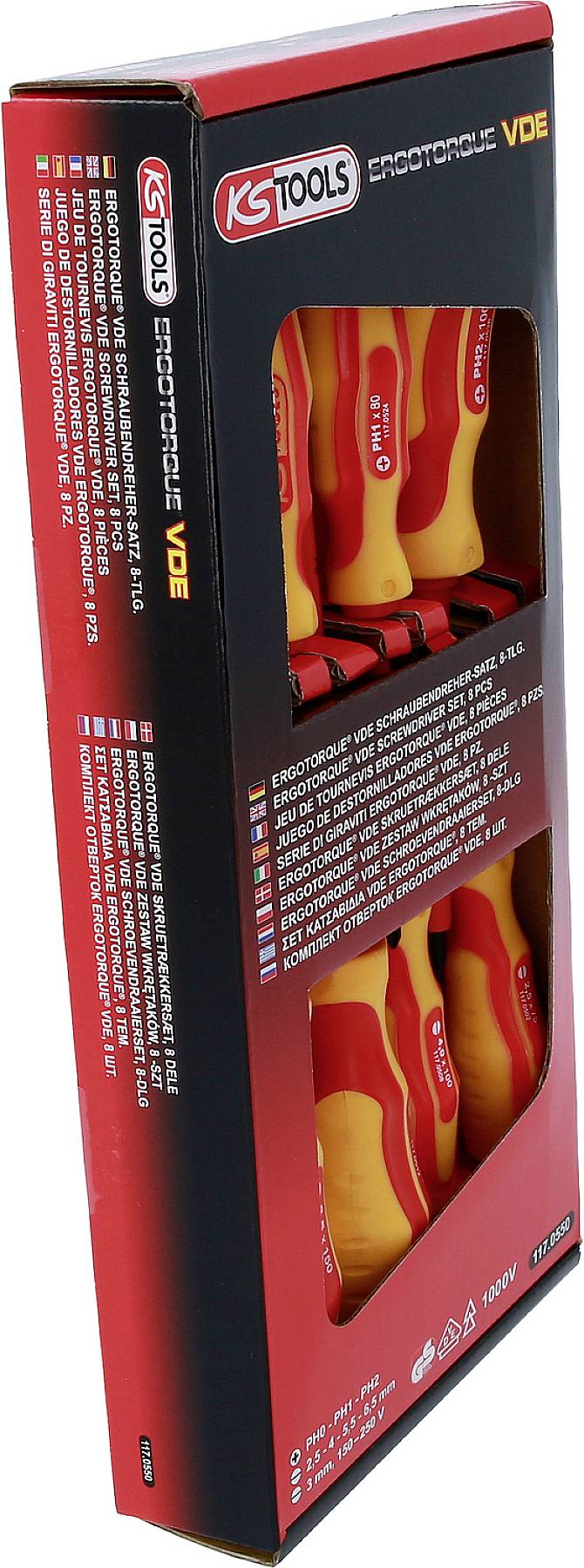 Ein Set isolierter Schraubendreher von KS Tools in einer roten Verpackung. Geeignet für Arbeiten bis 1000V. Enthält mehrere Größen.