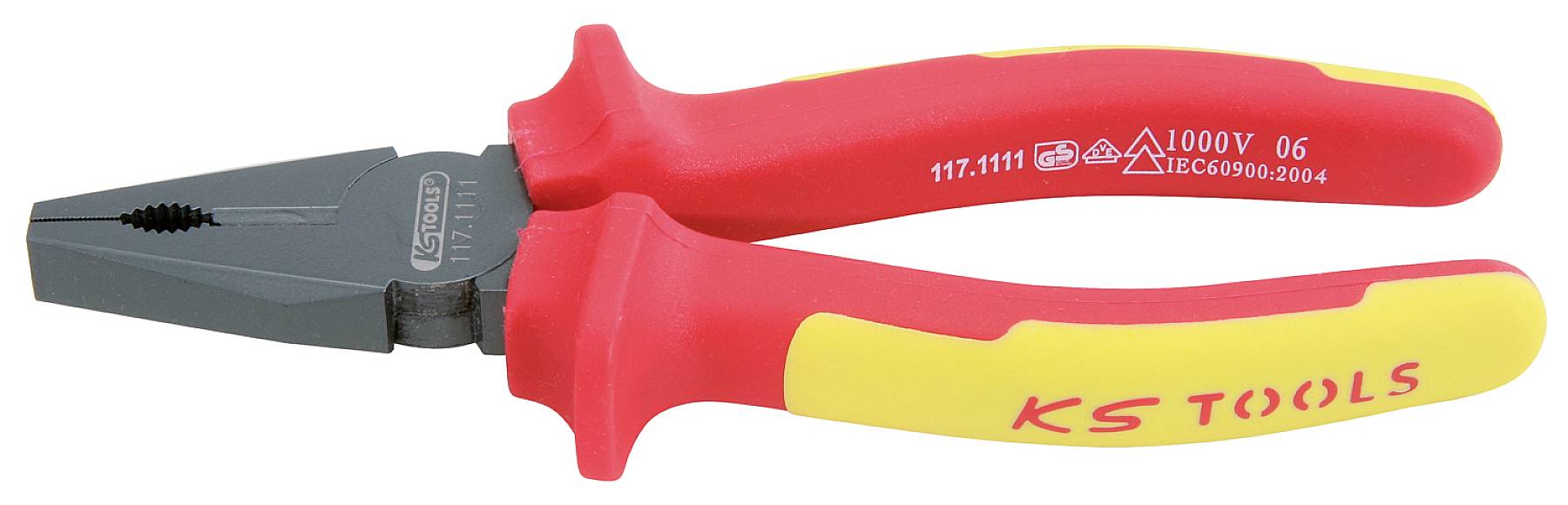 Isolierte Zange mit rotem und gelbem Griff, auf dem 'KS TOOLS' steht, geeignet für Arbeiten bis 1000V.