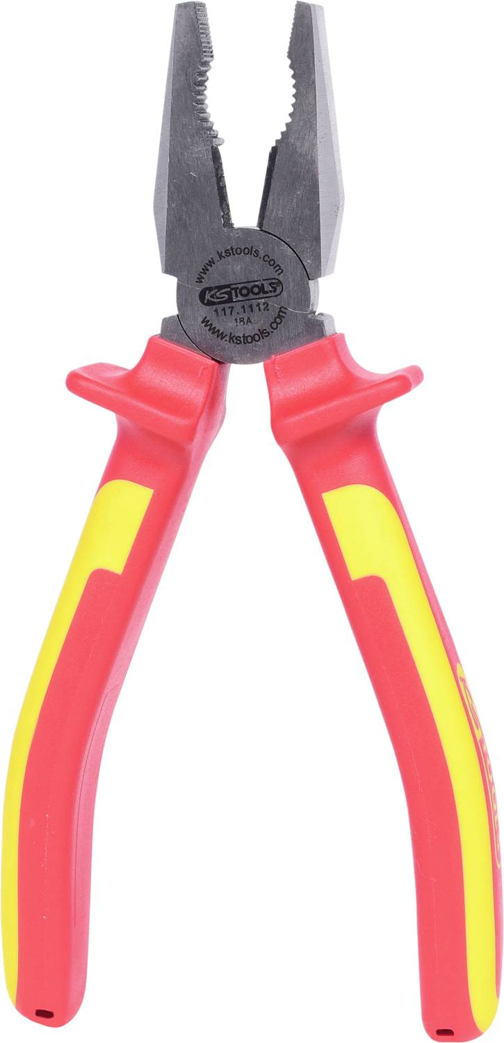 Eine rote und gelbe Isolierzange mit schwarzem Kopf, geeignet für elektrische Arbeiten und zum Schneiden von Drähten.