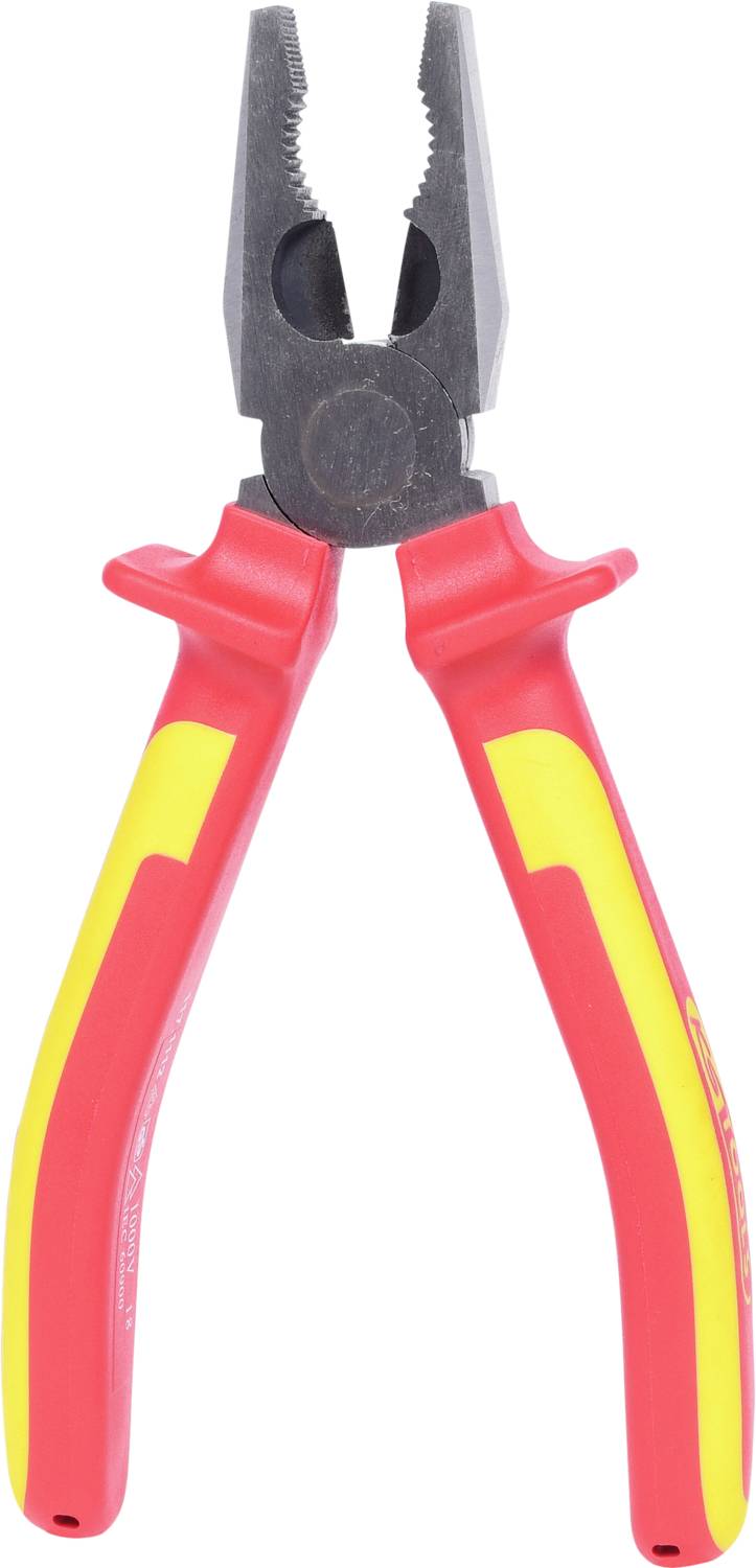 Eine rote Kombizange mit gelben Griffen, geeignet für elektrische Arbeiten, auf weißem Hintergrund.