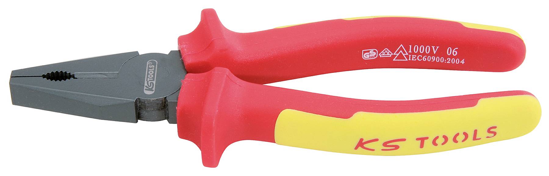 Eine rote und gelbe Kombinationszange mit Gummigriffen und der Aufschrift 'KS Tools'. Sie hat isolierte Griffe für Sicherheit.