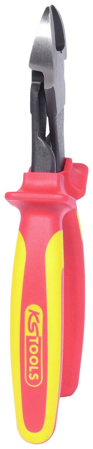Ein rot-gelber Seitenschneider mit schwarzem Schneidkopf. Griff hat das Logo 'KS Tools' in Gelb. Geeignet für Elektrikarbeiten.