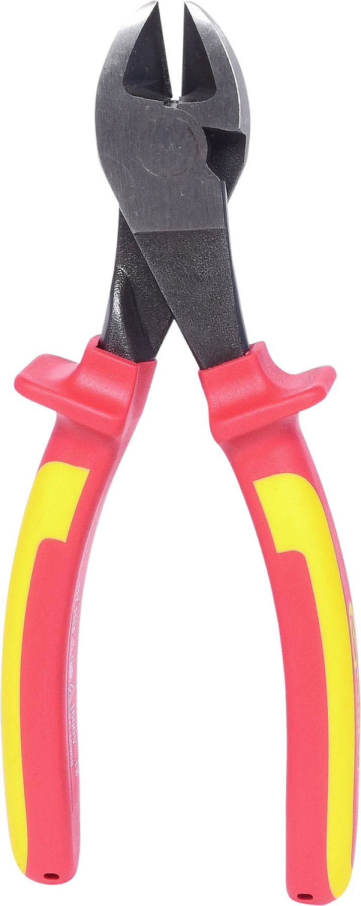 Seitenschneider mit rot-gelben Griffen, geeignet zum Schneiden von Drähten und Kabeln.