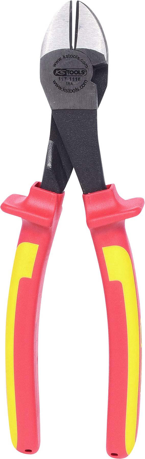 Die Abbildung zeigt eine seitlich schneidende Zange. Sie hat rote und gelbe isolierte Griffe und schwarze Klingen für elektrischen Gebrauch.