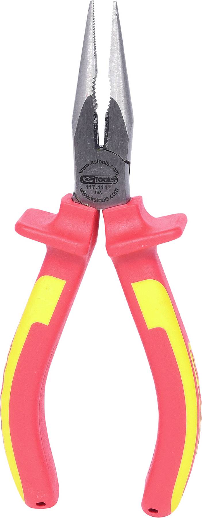 Spitzzange mit rot-gelben isolierten Griffen. Werkzeug für präzise Greif- und Schneidarbeiten, häufig in Handwerks- und Elektroarbeiten verwendet.