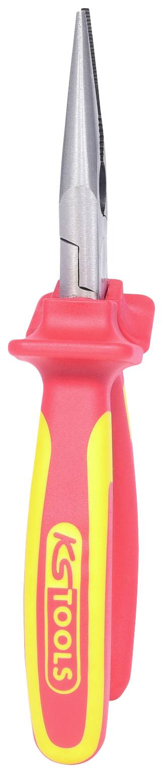 Lange Spitzzange mit rot-gelbem isoliertem Griff, geeignet für Arbeiten in der Elektrik und Feinmechanik.