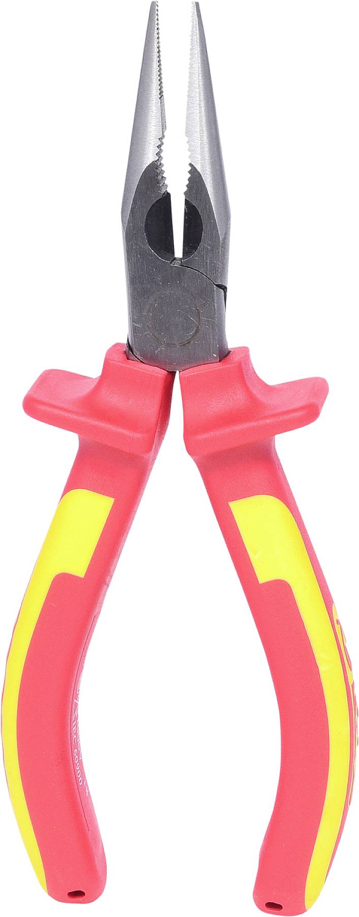 Eine rote Isolierzange mit gelben Griffen, geeignet für elektrische Arbeiten.