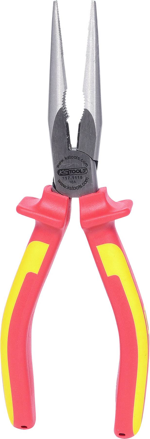 Eine rote und gelbe Spitzzange mit einem schwarzen Griffteil. Sie wird häufig verwendet, um Draht zu greifen oder zu formen.