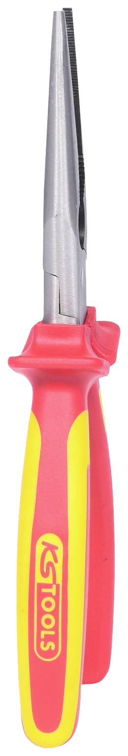 Eine rote und gelbe Zange mit langem, schmalem Greifbereich, geeignet für präzise Arbeiten in engen Bereichen.