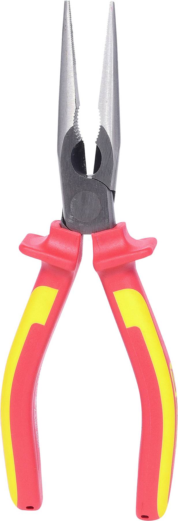 Elektriker-Spitzzange mit rot-gelben isolierten Griffen für sicheren Halt, geeignet für präzise Arbeiten und als Sicherheitswerkzeug.