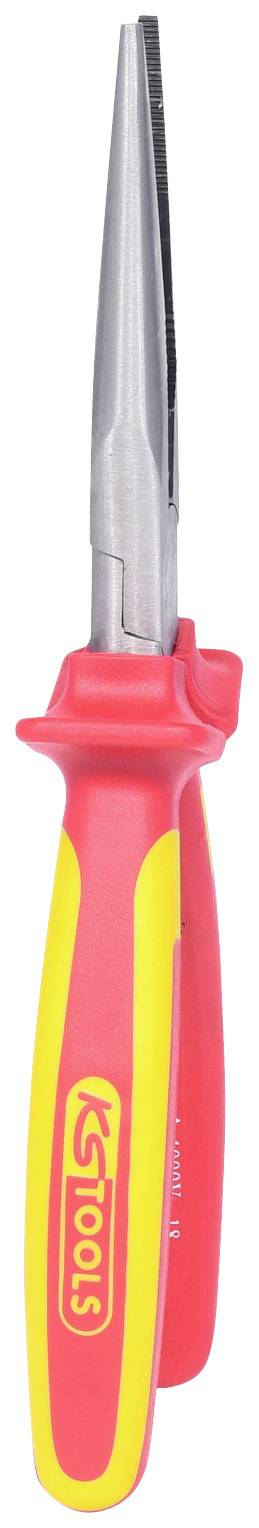 Eine rote und gelbe Flachzange mit langem, schmalem Griff; geeignet für feine Arbeiten in Elektronik und Mechanik.