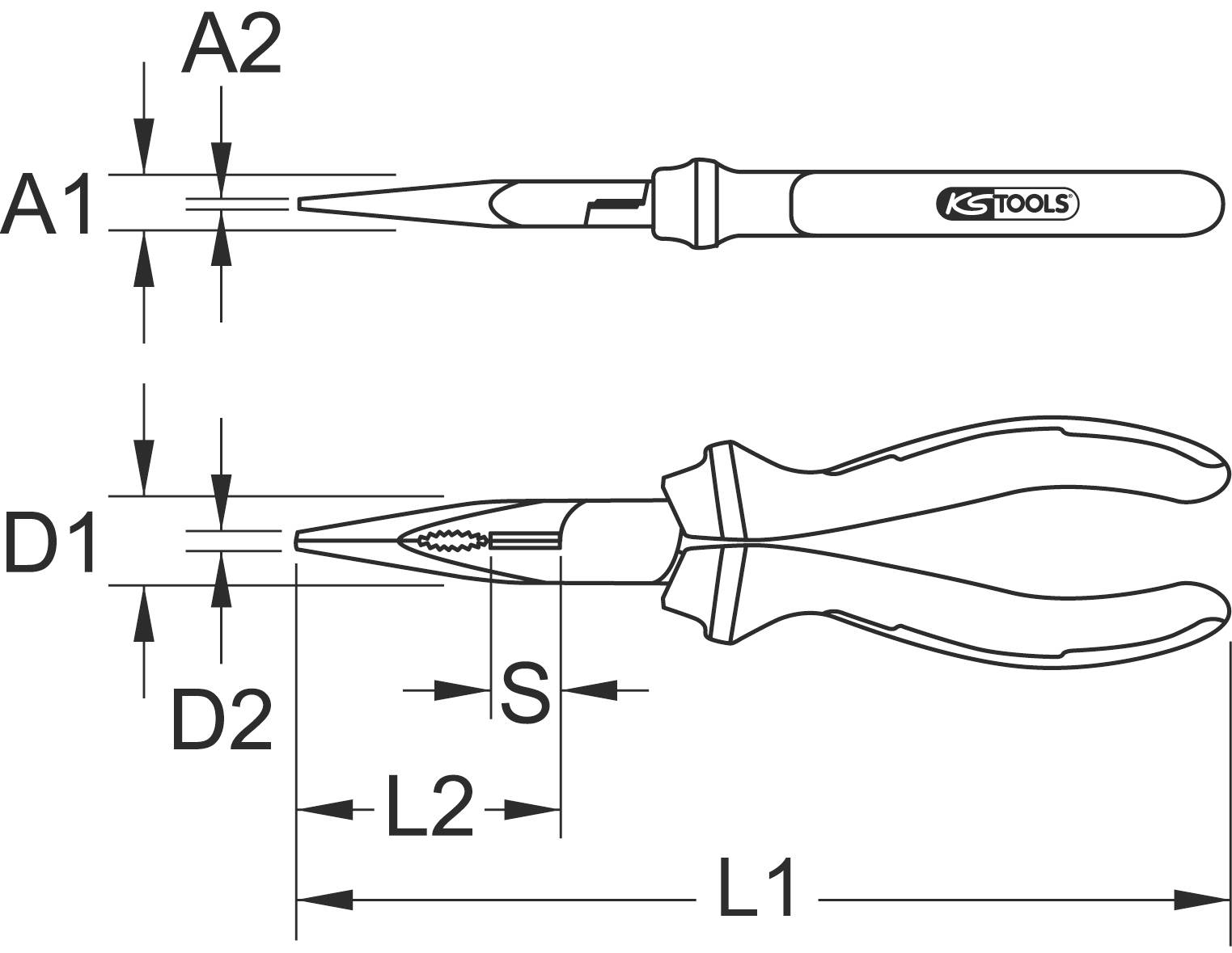 Technische Zeichnung einer Spitzzange. Zeigt Maße: A1, A2, D1, D2, S, L1, L2. Oben Werkzeug im Profil, unten in voller Ansicht.