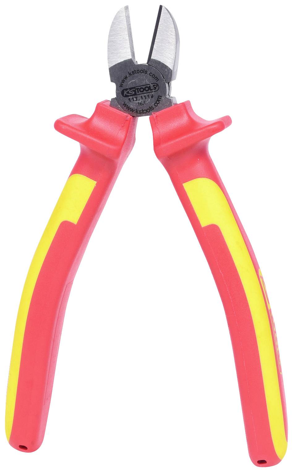 Seitenschneider mit roten und gelben Griffen, geeignet zum Schneiden von Kabeln oder Drähten in elektrischen Anwendungen.