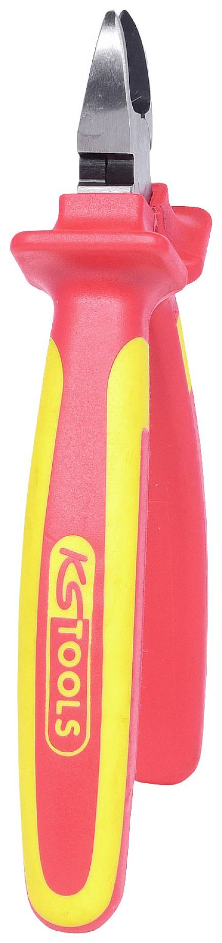 Eine rote und gelbe Zange mit isolierten Griffen, geeignet für elektrische Arbeiten, zeigt den Markennamen auf den Griffen.