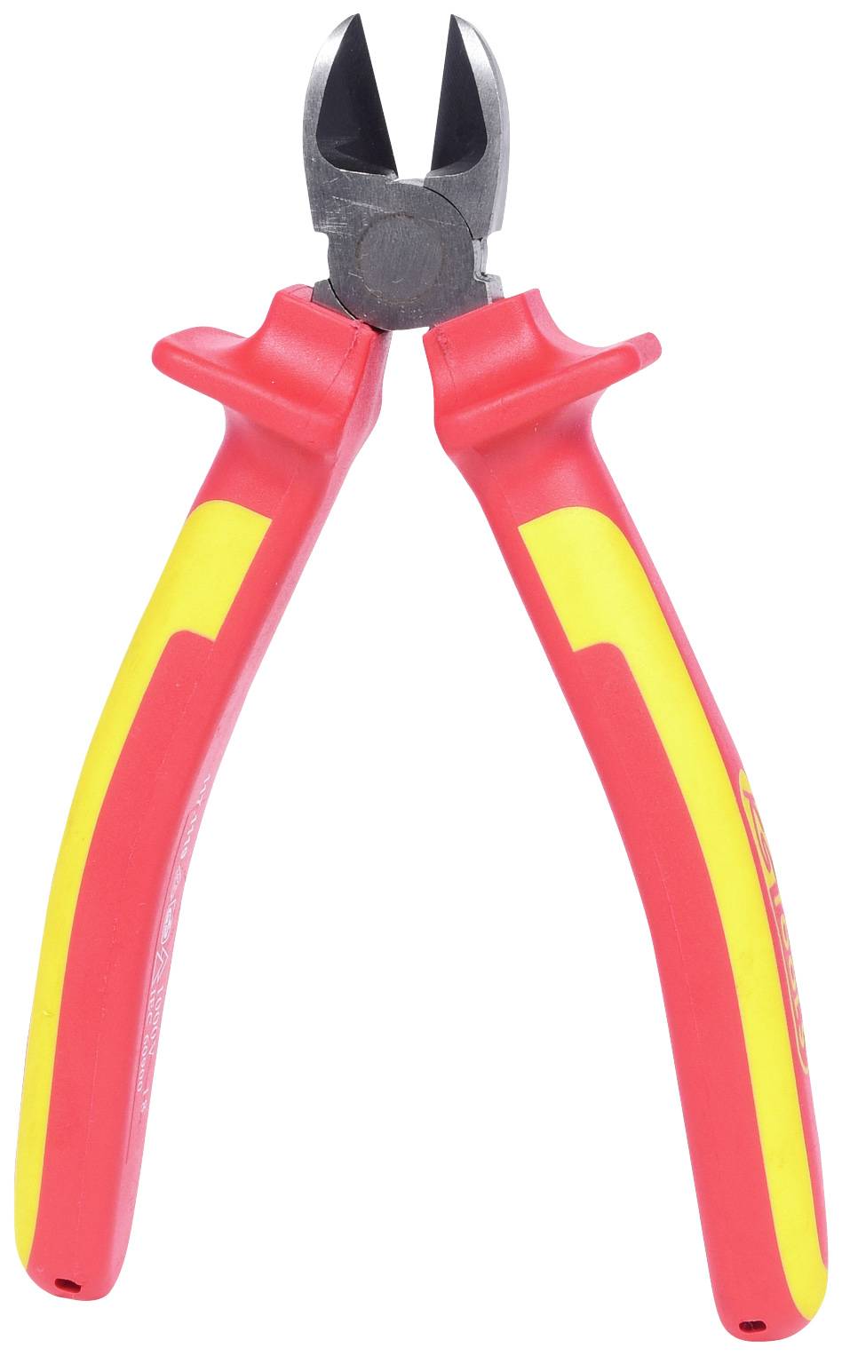 Rote Zange mit gelben Griffen, geeignet zum Schneiden von Draht. Optimiert für präzise Handhabung und elektrisches Arbeiten.