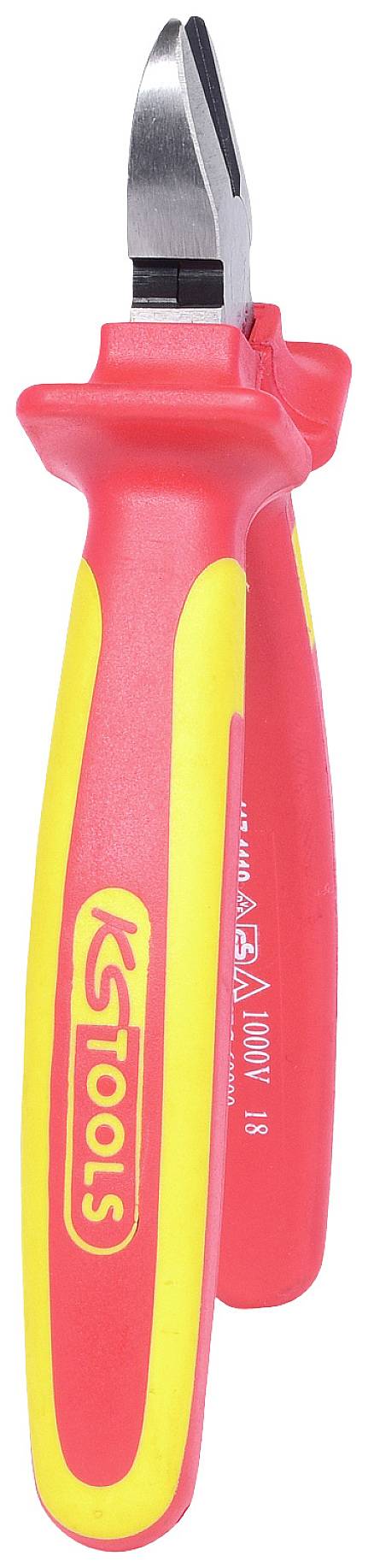 Rote und gelbe Seitenschneiderzange, isoliert gegen Elektrizität, mit scharfer Schneide für das Durchschneiden von Drähten.