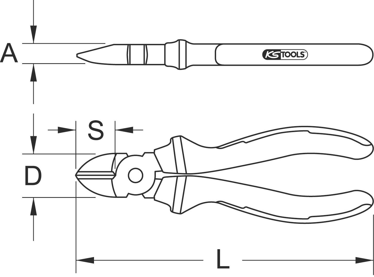 Zeichnung mit Seitenansicht eines Schneidwerkzeugs oben und Draufsicht unten. Beschriftungen: D, S, L und A mit Pfeilen zur Größenangabe.