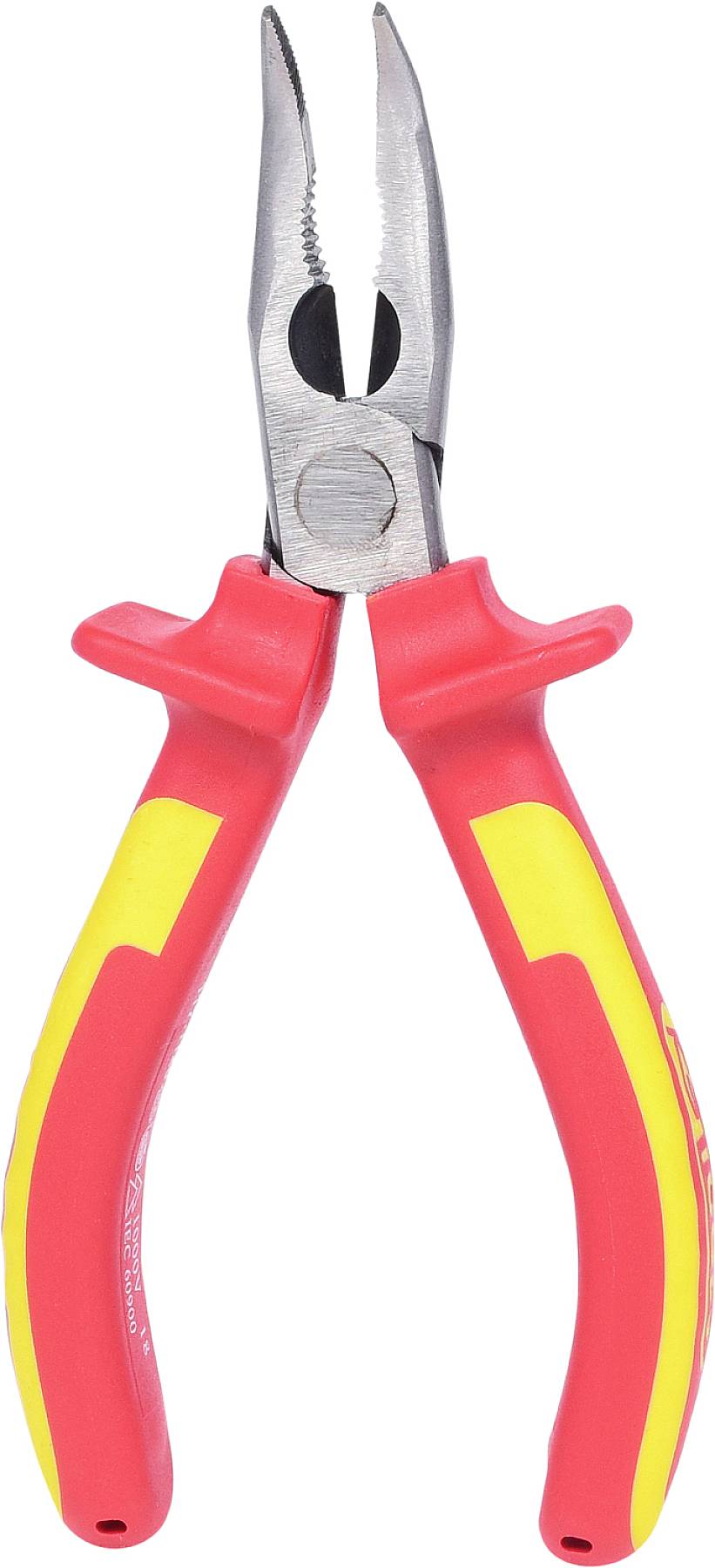 Eine Zange mit roten und gelben Griffen, geeignet für Elektroarbeiten.