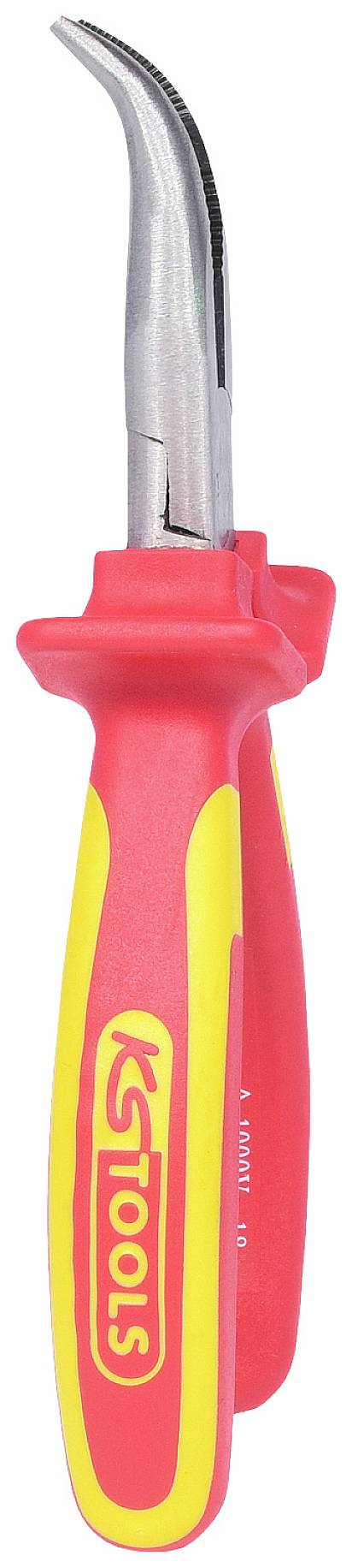 Ein rotes und gelbes spezialisiertes Werkzeug mit gebogener Metallspitze, verwendet für präzise Arbeiten.