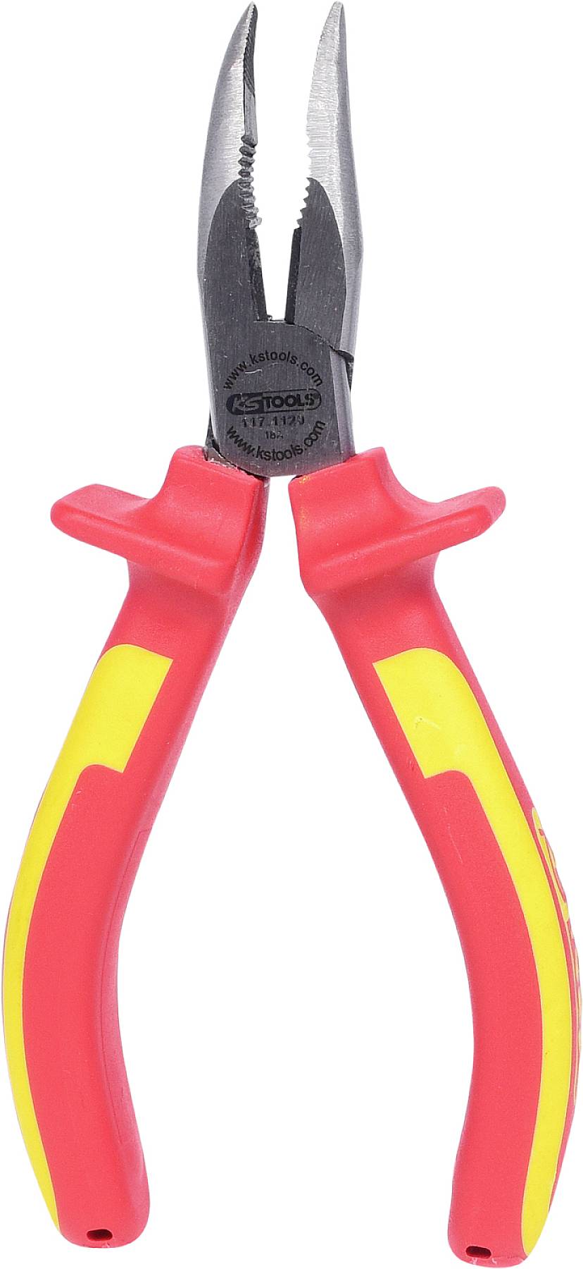 Eine Kombizange mit roten und gelben Griffen, geeignet für Elektroarbeiten.