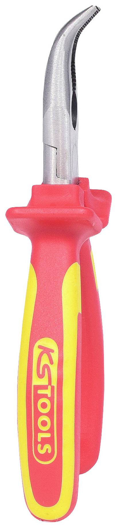 Ein isolierter Schraubendreher mit rotem und gelbem Griff und gebogener Klinge, geeignet für spezielle Montage- oder Demontagearbeiten.