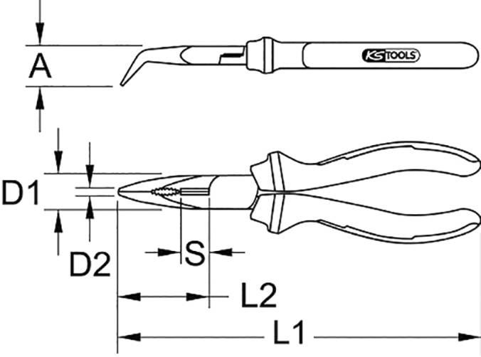 Abbildung zeigt technische Zeichnung von zwei Werkzeugen. Oben ein Skalpell mit Maßen 'A', unten eine Zange mit Maßen 'D1', 'D2', 'S', 'L1', 'L2'.