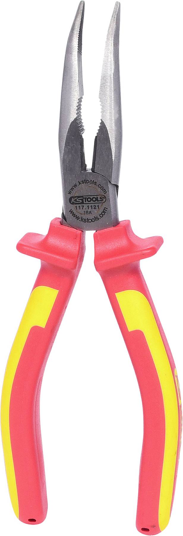 Eine rote und gelbe Flachzange mit isolierten Griffen, geeignet für elektrotechnische Arbeiten.