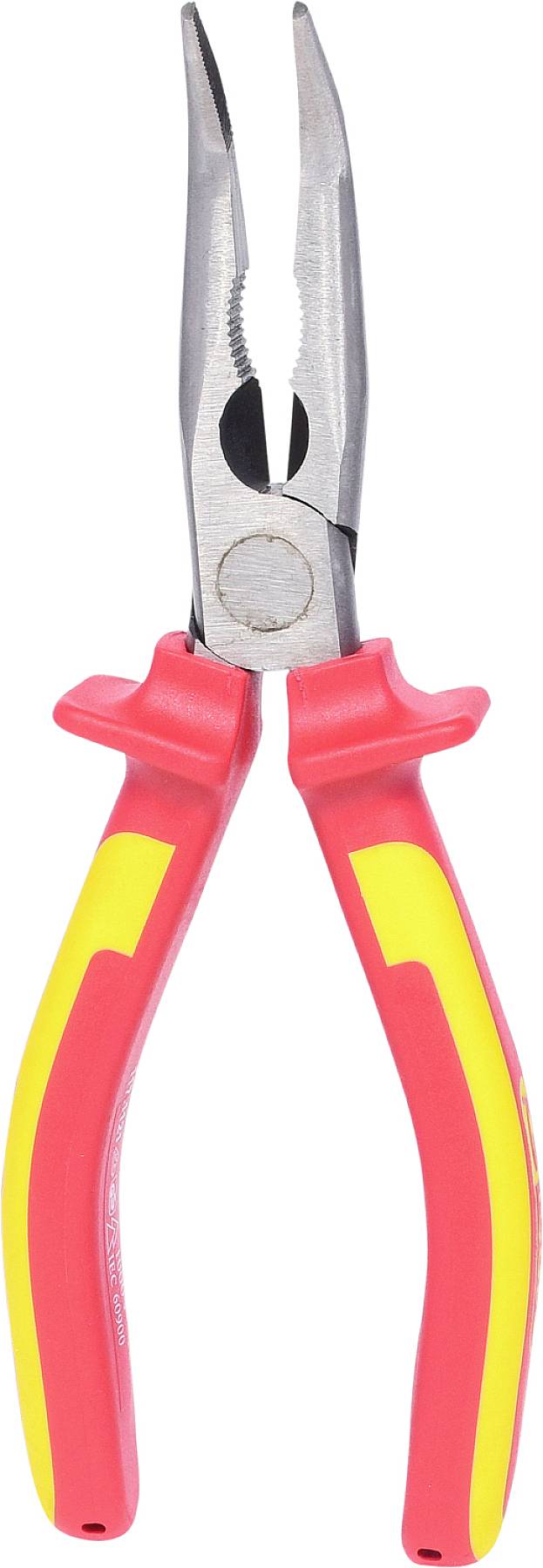 Abgebildet ist eine rote und gelbe Spitzzange mit isolierten Griffen, geeignet für präzises Greifen und Schneiden von Draht.