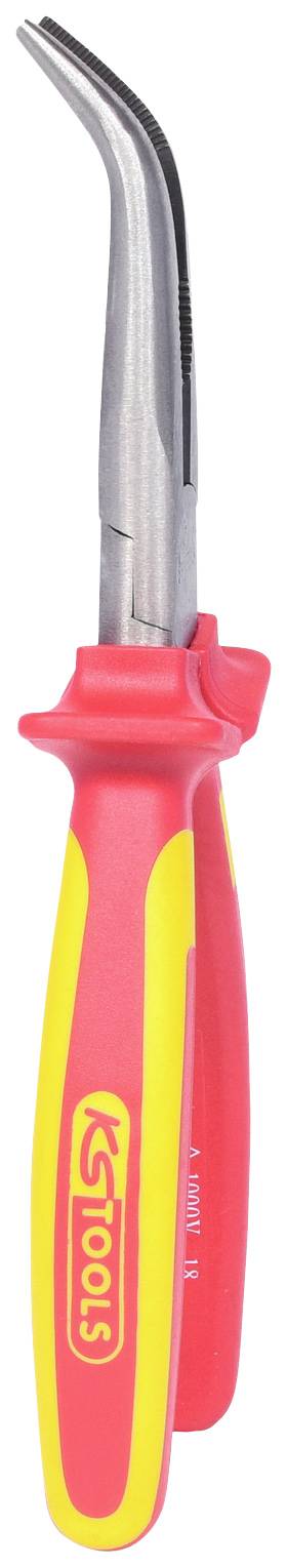 Eine rote und gelbe VDE-zertifizierte Zange mit gebogenem Kopf, geeignet für Elektroinstallationen.