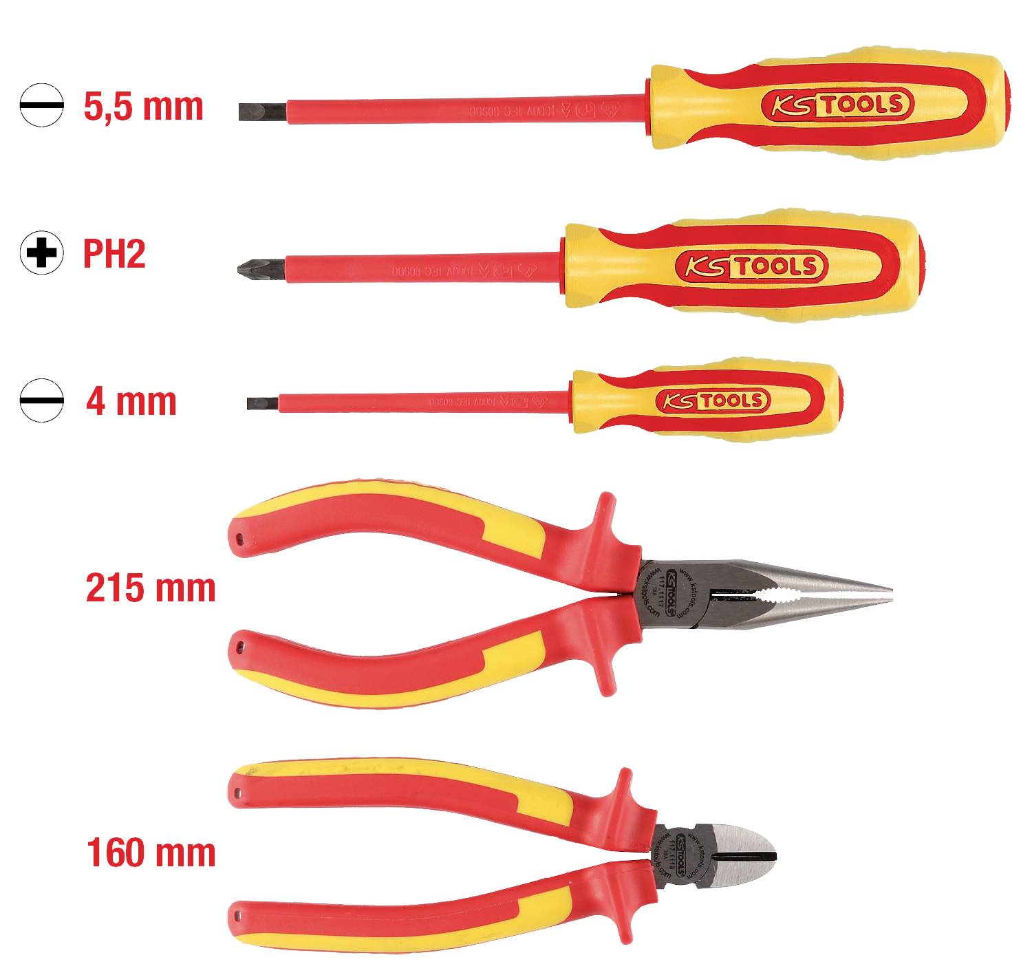 Isolierte Werkzeuge: zwei Schraubendreher (5,5 mm, PH2) und zwei Zangen (215 mm, 160 mm) von KS Tools, mit rotem und gelbem Griff.